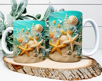 3D Seashells Beach Mug, 3D Summer Beach Mug, 3D Mug Design, Floral Mug PNG, 3D Mug, 11oz,15oz Mug Sublimation Wrap, Digital Download