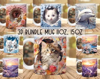 10+ 3D Mug Wrap Bundle, 3D Flowers Mug Wrap, 3D Dolphin Mug Wrap, 3D Cat Mug Wrap, 11oz 15oz Mug PNG Mug Bundle, 3D Floral Mug Sublimation