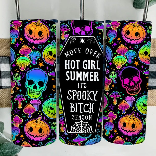 Bright Halloween Tumbler Wrap Hot Girl Summer Cup Spooky PNG Wrap Neon Pumpkins 20 oz Skinny Sublimation Digital Design Download