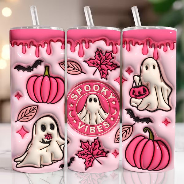 3D Spooky Vibes Inflated Tumbler Wrap PNG, 3D Puff Pumpkin 20oz Tumbler Sublimation, Puffy Pink Halloween,3D Ghost Tumbler,Digital Download