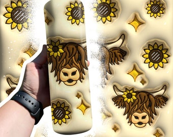 3D Inflated Highland Cow Puffy 20 oz Tumbler Sublimation Wrap , 3D Highland Cow SUnflower Tumbler Design, Digital Download