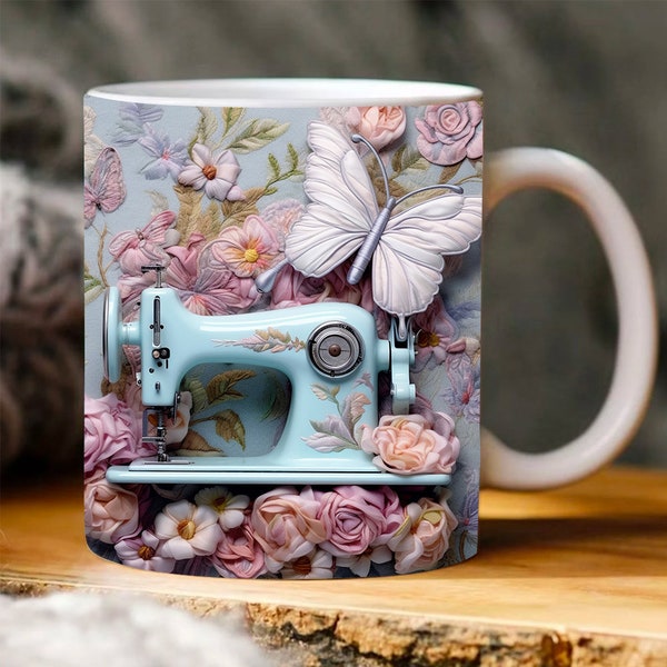 Tasse à coudre 3D, Machine à coudre florale 3D 11 oz, 15 oz Mug Sublimation Wrap, Téléchargement numérique Mug PNG, 3D Mug Wrap Coffee Mug PNG