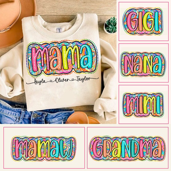 Mama Dalmatian PNG, Mothers Day Bright Flowers Bundle Png, Grandma Auntie Bright Doodle Dots,Custom Mama with Kids Name Design, Mother's Day