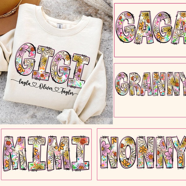 Floral Gigi Gaga Bundle png, Nana Flower Leopard png, Nana Flower with Kids Names, Mimi floral, Mamaw Floral png, Mother's Day Gift