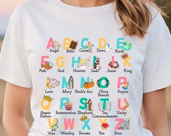 Camiseta del alfabeto bíblico SVG, camisas PNG cristianas para niños, diseño de camiseta para niños pequeños bíblicos, sublimación religiosa para niños, versículo de la Biblia PNG
