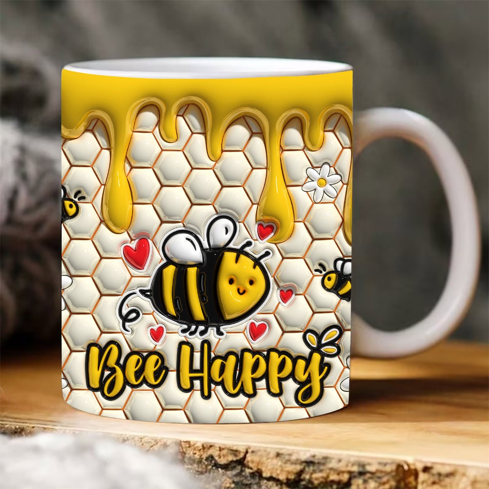 3D Beeing Happy Inflated Mug , 3D Honeycomb Puffy Mug, 3D Daisy Puff  11oz 15oz Mug  Bubble, 3D Flowers Puff