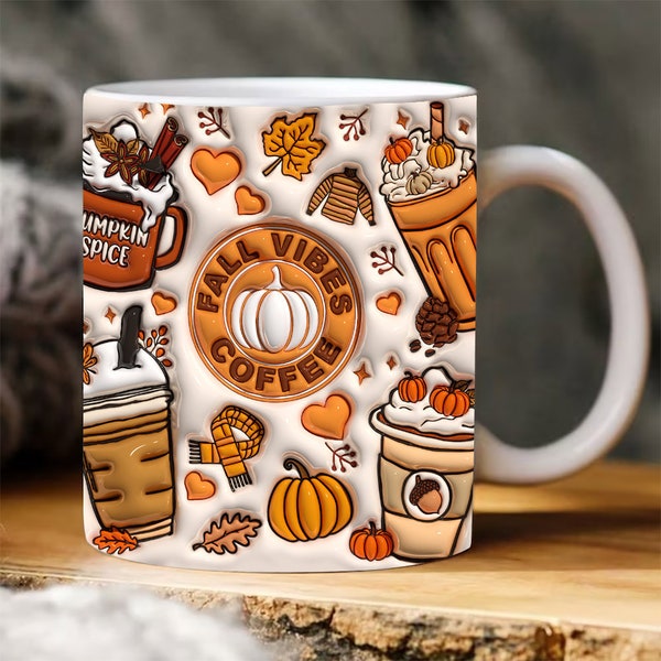 3D Inflated Fall Vibes Coffee Mug Wrap, Puffy Fall Mug Sublimation, 3D Autumn Mug, Fall Coffee, Fall Pumpkin Png, Coffee Lover Gift