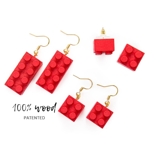 Wooden Brick Earrings RED