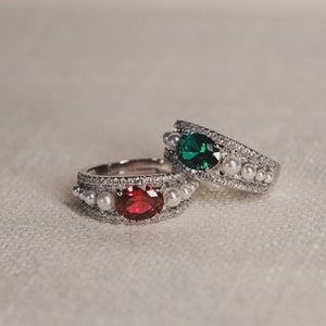 Pearl, Ruby Emerald Gemstone, Diamonds, Silver, Adjustable Ring. Gift For Her, Elegant, Stackable, Unique, Holiday Gift, Handmade ring.