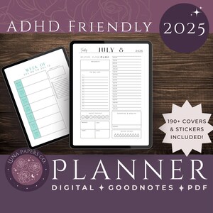 May include: Digital planner for 2025 with ADHD-friendly features. The image shows two tablets displaying daily and weekly layouts. The planner includes sections for to-do lists, mood tracking, and exercise. The text reads "ADHD FRIENDLY 2025" and "PLANNER".