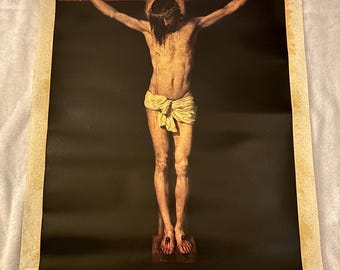 Oleografía española vintage: "Cristo Crucificado" de Diego Velázquez – Reproducción del Museo del Prado por R.A.D.E.F. S.A. Madrid, Mediados de Siglo