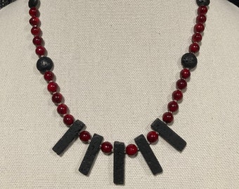 22.5 inch Dyed Red Quartz and Lava Rock beads necklace with Lava Rock pendants and sterling silver toggle clasps.