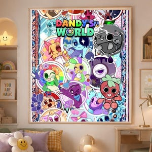 May include: A rectangular wall poster featuring the Dandy's World logo at the top, surrounded by a colorful collage of various cartoon character illustrations in circular frames, including a red strawberry-like figure and purple creatures.