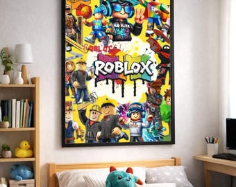 May include: A rectangular wall poster featuring a vibrant yellow background with various Roblox character illustrations and the Roblox logo in the center. The artwork displays multiple figures in colorful outfits, including blocky avatars, set against a bright, multi-colored graphic design with paint splatter effects.