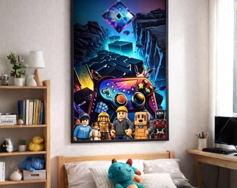 Op de afbeelding: Een rechthoekige wandkunstprint met een levendige, kleurrijke videogamecontroller-afbeelding en vijf blokachtige speelgoedfiguren ervoor, geplaatst tegen een donker, abstract landschap met een gloeiende geometrische ruitvorm.