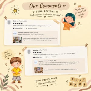 May include: A digital graphic display featuring two five-star customer reviews for printable wall art. The layout includes illustrations of two children, decorative hearts, stars, and the text Our Comments, Thank you for your kind words, Small posters Big smiles, Your support means the world to us, and PLAY GAME.