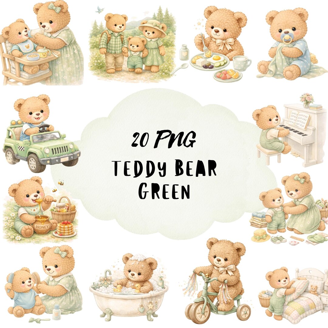 Watercolor Green Teddy Bear Clipart, Pastel Nursery PNG (digital ...