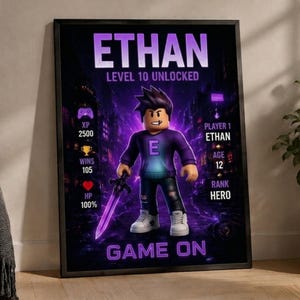 May include: A framed poster featuring a cartoon character in a purple hoodie holding a glowing sword. Text includes ETHAN, LEVEL 10 UNLOCKED, XP 2500, WINS 105, HP 100%, PLAYER 1 ETHAN, AGE 12, RANK HERO, and GAME ON against a dark, purple-toned city background.