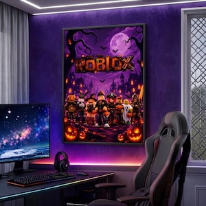 May include: A framed rectangular wall poster featuring a Halloween-themed Roblox graphic. The artwork displays the Roblox logo in orange text above a group of blocky characters in costumes, set against a purple night sky with a full moon.