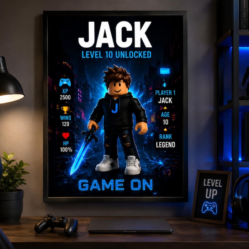 May include: A framed poster featuring a block-style character in a black hoodie with a blue J, holding a glowing blue sword. Text includes JACK, LEVEL 10 UNLOCKED, XP 2500, WINS 120, HP 100%, PLAYER 1 JACK, AGE 10, RANK LEGEND, and GAME ON in blue.