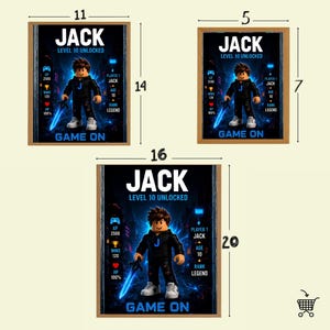 May include: Three rectangular framed prints featuring a cartoon character with a blue sword. Text includes JACK, LEVEL 10 UNLOCKED, and GAME ON. Dimensions shown are 11x14 inches, 5x7 inches, and 16x20 inches. The design includes game stats like XP 2500.