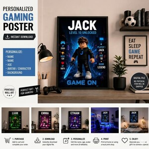 May include: A personalized gaming poster featuring a block-style character holding a glowing blue sword. The text reads JACK, LEVEL 10 UNLOCKED, PLAYER 1 JACK, AGE 10, RANK LEGEND, and GAME ON, with stats for XP 2500, WINS 120, and HP 100% on a dark background.