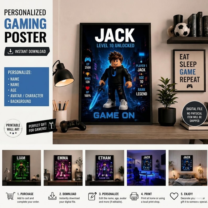 May include: A personalized gaming poster featuring a block-style character holding a glowing blue sword. The text reads JACK, LEVEL 10 UNLOCKED, PLAYER 1 JACK, AGE 10, RANK LEGEND, and GAME ON, with stats for XP 2500, WINS 120, and HP 100% on a dark background.