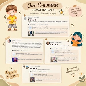 May include: A digital graphic display titled Our Comments featuring five-star customer reviews for personalized gaming room posters. The layout includes illustrations of two children, wooden letter tiles spelling PLAY GAME, and text notes.