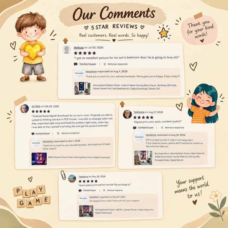 May include: A digital graphic display titled Our Comments featuring five-star customer reviews for personalized gaming room posters. The layout includes illustrations of two children, wooden letter tiles spelling PLAY GAME, and text notes.