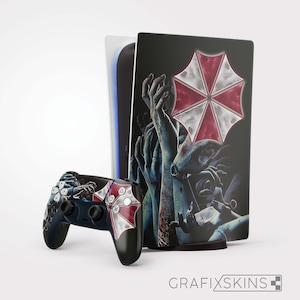 May include: A black PlayStation 5 console and controller with a custom skin featuring a red and white Umbrella Corporation logo and zombie hands. The skin is from GrafixSkins.
