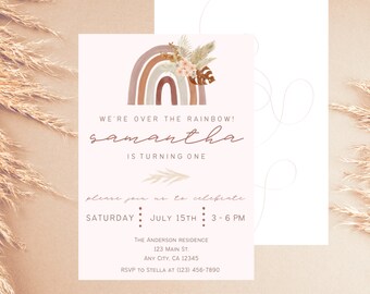 May include: A watercolor rainbow with floral accents and the text "WE'RE OVER THE RAINBOW! samantha IS TURNING ONE" on a pink background. The invitation also includes the text "please join us to celebrate SATURDAY JULY 15TH: 3-6 PM THE ANDERSON RESIDENCE 123 MAIN ST. ANY CITY, CA 12345 RSVP TO STELLA AT (123) 456-7890 GRAE SPARROW DESIGNS".