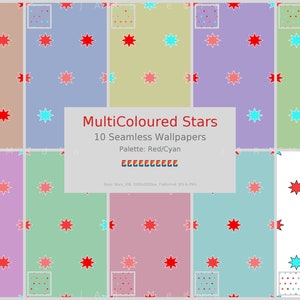 Stars Digital Seamless Wallpaper Pack - Featuring 8 Pointed Stars Red & Cyan