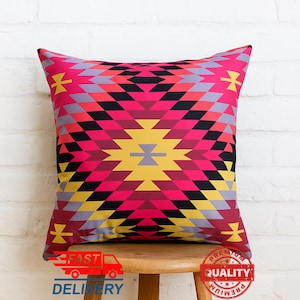 Geometric Bohemian Throw Pillow Cover: Tribal Kilim Design