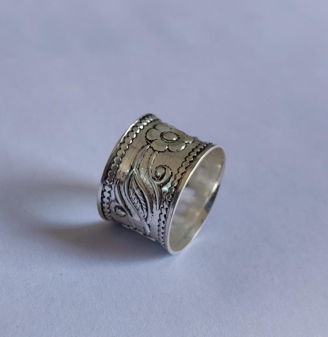 Handmade Solid Silver Wide Band Ring: Boho Thumb Flower Ring - Etsy