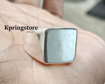 Chevalière carrée en argent massif faite main : anneau large bohème