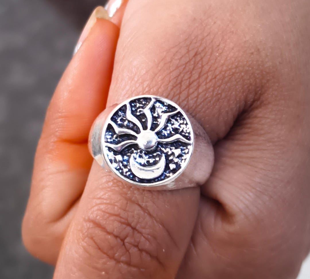 Sun and Moon Solid Silver Wide Band Ring: Boho Thumb Ring - Etsy