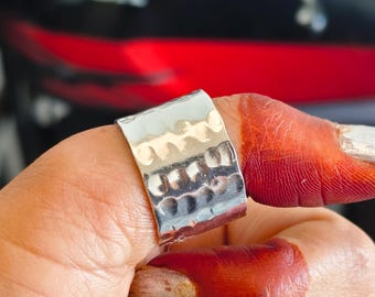 Brushed Solid Silver Hammered Chunky Ring - Wide Band