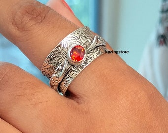Natürlicher Roter Granat 925 Sterling Silber Spinner Ring, Handgemachte Gehämmerte Weitband Fidget Angst Ring Geschenk Für Frauen Hochzeit Jahrestag Ring
