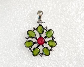 Handmade Peridot Garnet Pendant: Solid Silver Gemstone Necklace