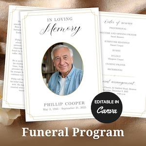 May include: Funeral program featuring a portrait of a man, the words "In Loving Memory," and the name Phillip Cooper. The program includes an order of service and is editable in Canva.