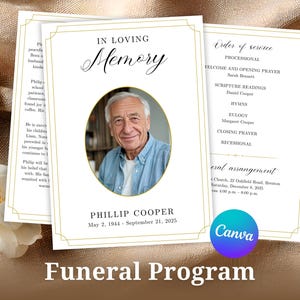 Puede incluir: Programa fúnebre con una foto de un hombre mayor, el texto "In Loving Memory" y "Phillip Cooper, 2 de mayo de 1944 - 21 de septiembre de 2025." El programa incluye el orden del servicio y tiene un borde dorado.