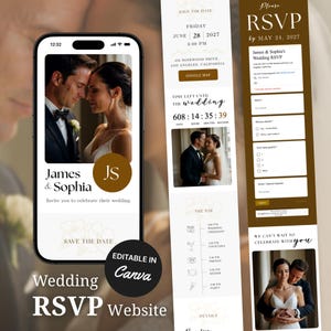 May include: A wedding RSVP website design shown on a smartphone and two vertical panels. The design includes photos of a couple, event details, and the text "James & Sophia" and "Wedding RSVP Website". The design is editable in Canva.