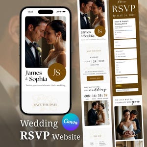 Modern Brown Wedding Invitation Website: Online RSVP, Countdown Timer, Map, Editable Canva Template
