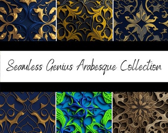 May include: A collection of six seamless patterns featuring intricate arabesque designs. The patterns are in various colours, including gold, blue, green, and brown. The patterns are perfect for use in a variety of design projects, such as wallpaper, fabric, and packaging.