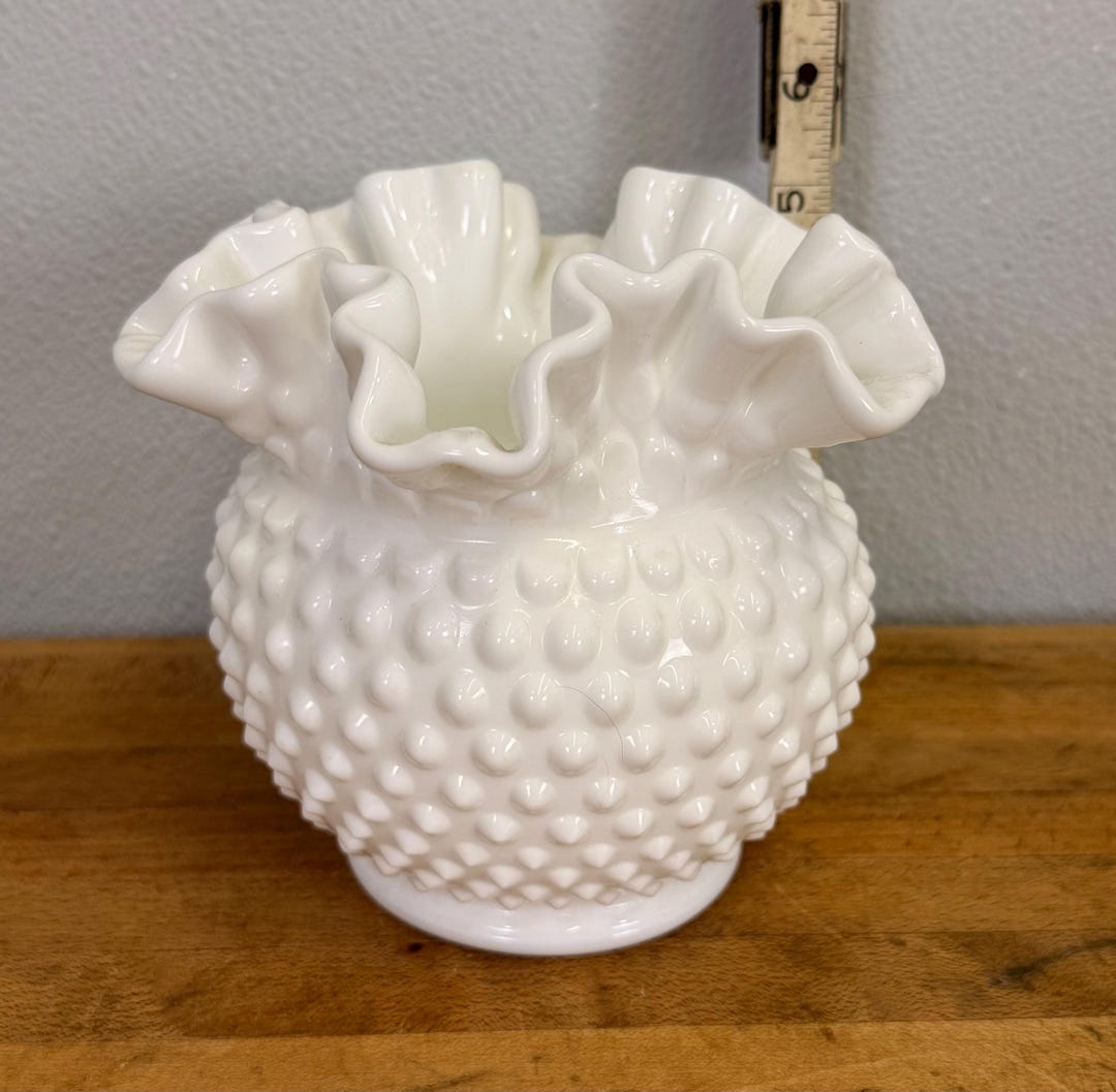 Vintage Fenton White Milk Glass Hobnail Vase With Ruffled Crimped Edge ...