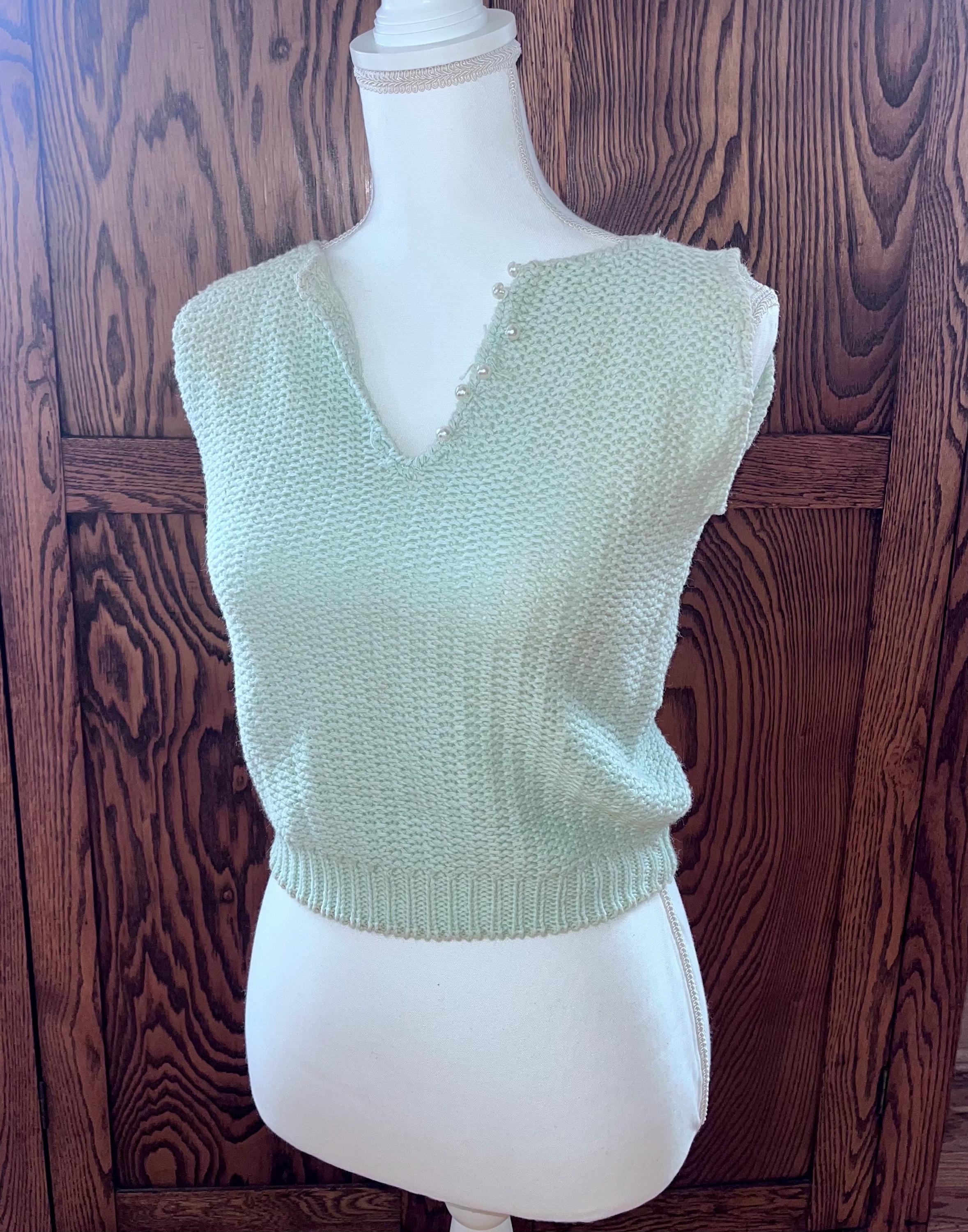 Vintage Knit Sweater Vest, Ribbed Top, Pearl Beaded V-neck - Etsy
