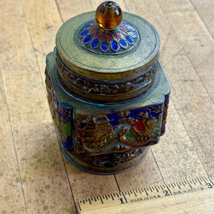 Antique Chinese brass tea caddy, trinket box made of brass with enamel, marked “CHINA”, Amber topper lidded floral jar, Asian decor tea box
