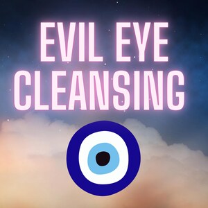 May include: Evil eye cleansing with a blue and white evil eye charm against a cloudy sky background.