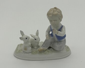 Gerold Porcelain Boy with Bunnies - Vintage, 60s, made in Bavaria, Southern Germany
