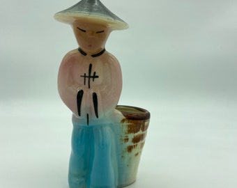 Vintage 1940s Art Deco Pottery Vase Chinese Farmer with Basket
